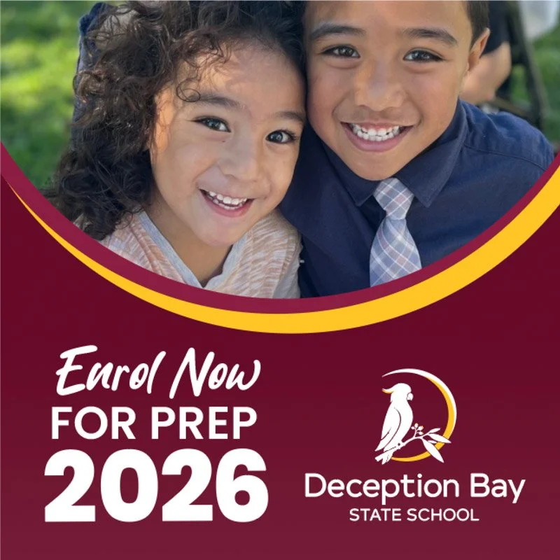 Enrolment campaign graphic for Deception Bay State School promoting Prep 2026 with smiling students and school branding.