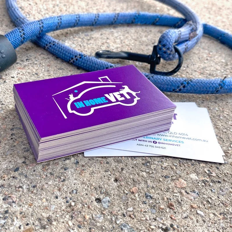 Veterinary business card design photographed with dog leash