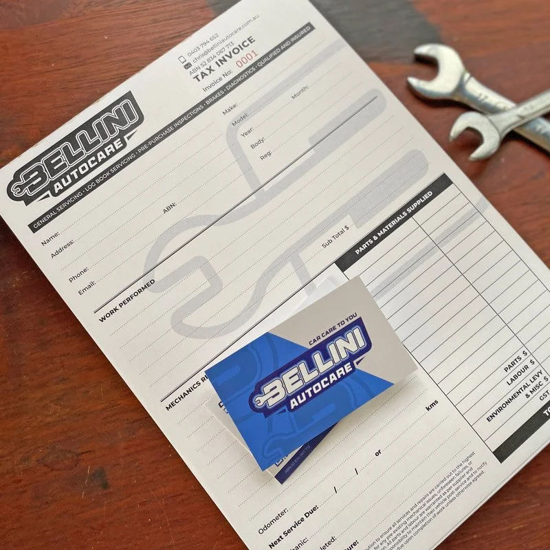 Custom branded invoice book and business stationery design for mobile mechanic