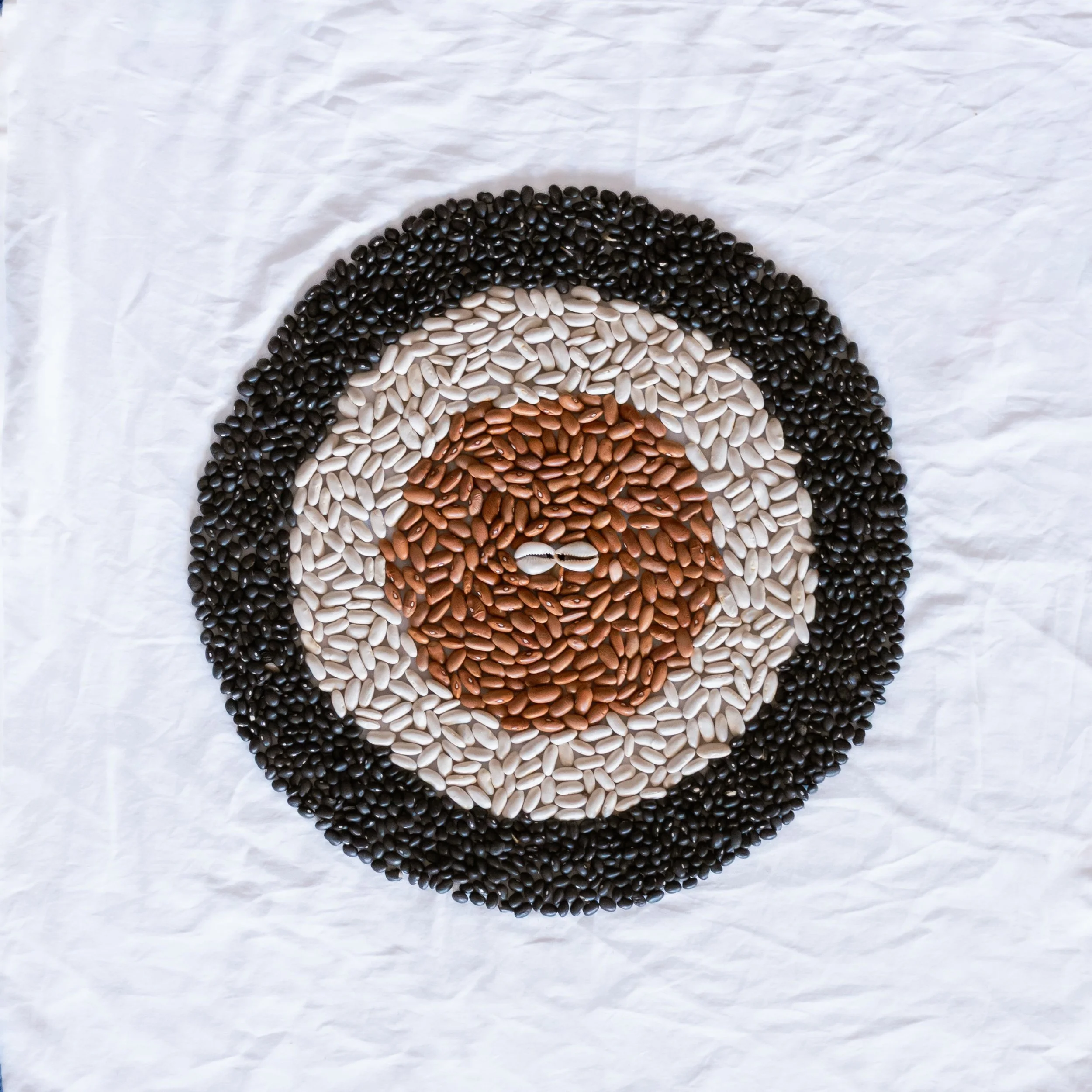Colorful circular pattern made of different types of beans on white crumpled paper background.