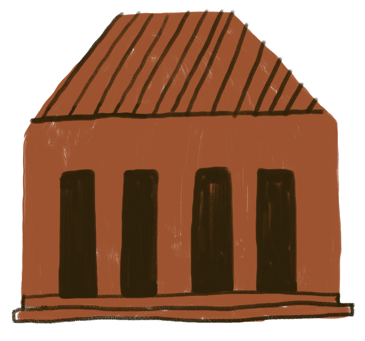 Drawing of a building with a triangular roof, four tall columns, and stairs at the front.