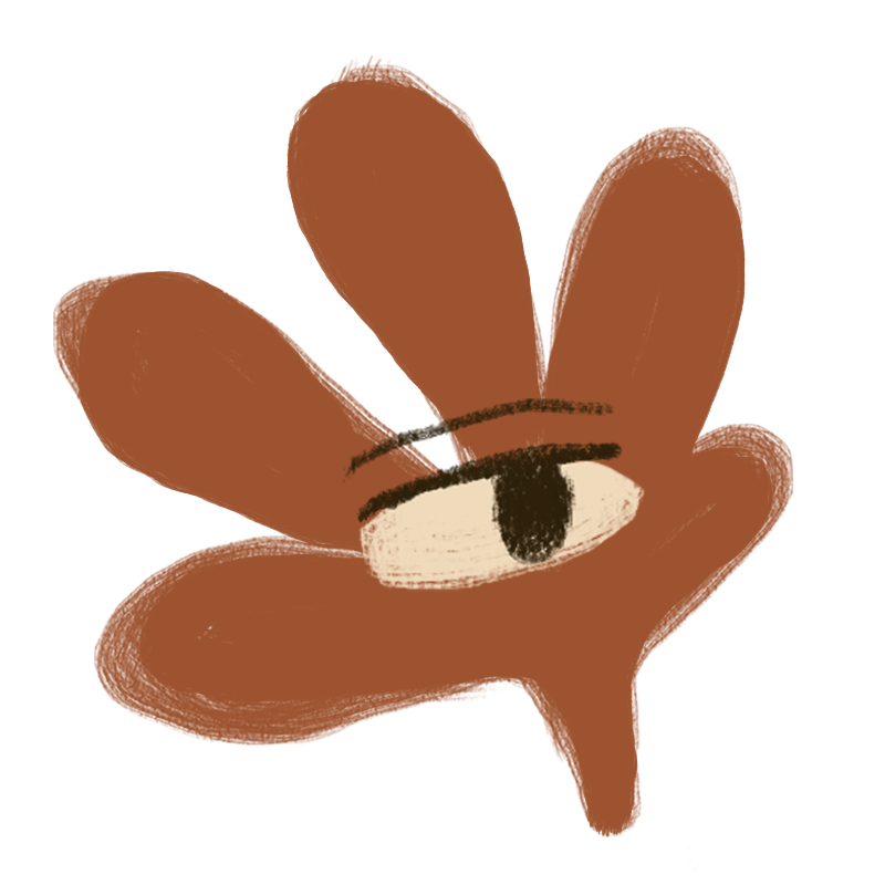 Close-up of a cartoon-style brown animal face with one eye visible, featuring a black outline, black eyebrow, and black nose.