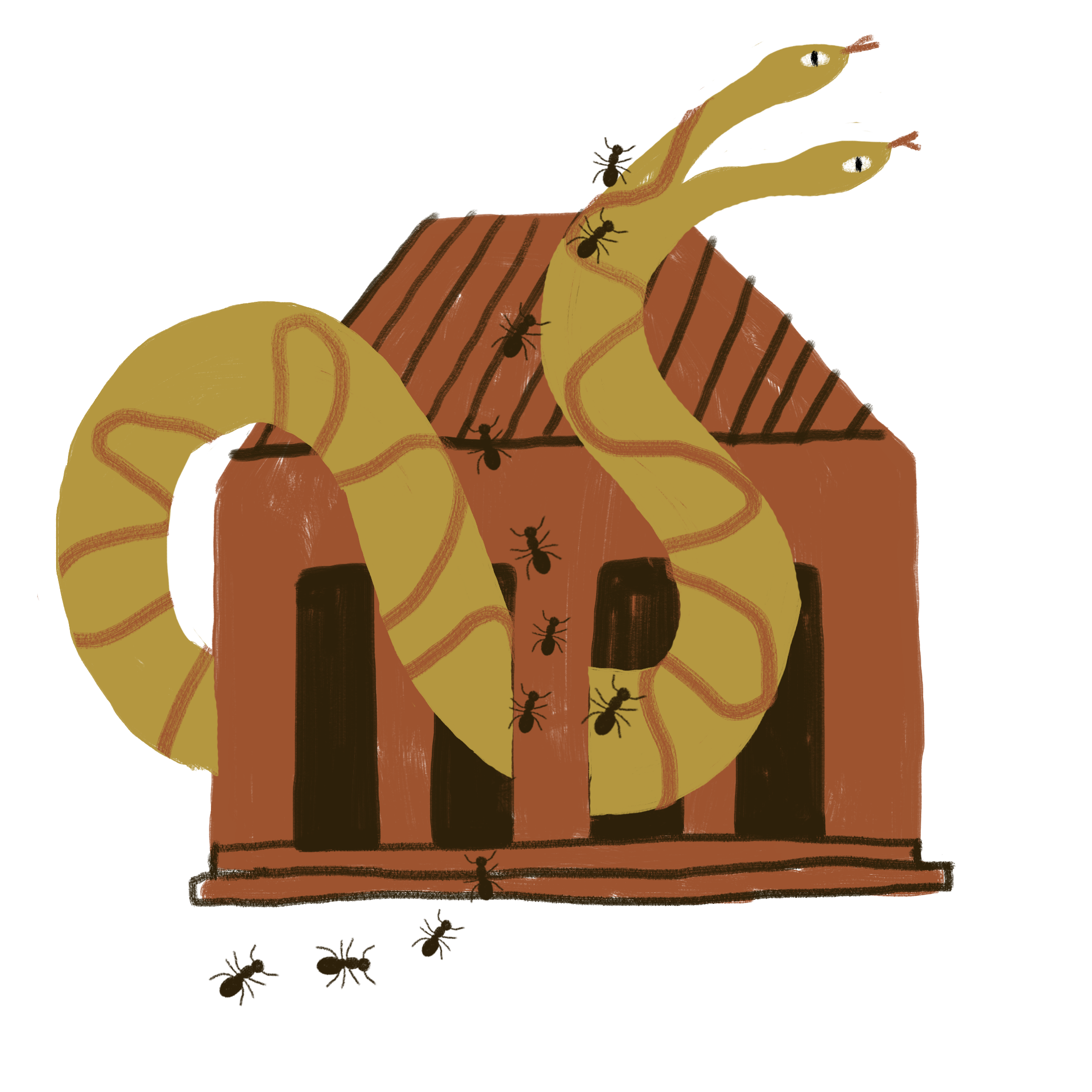 Illustration of an ant nest with ants crawling on yellow tunnels and enter and exit points, built on a brown wooden structure.