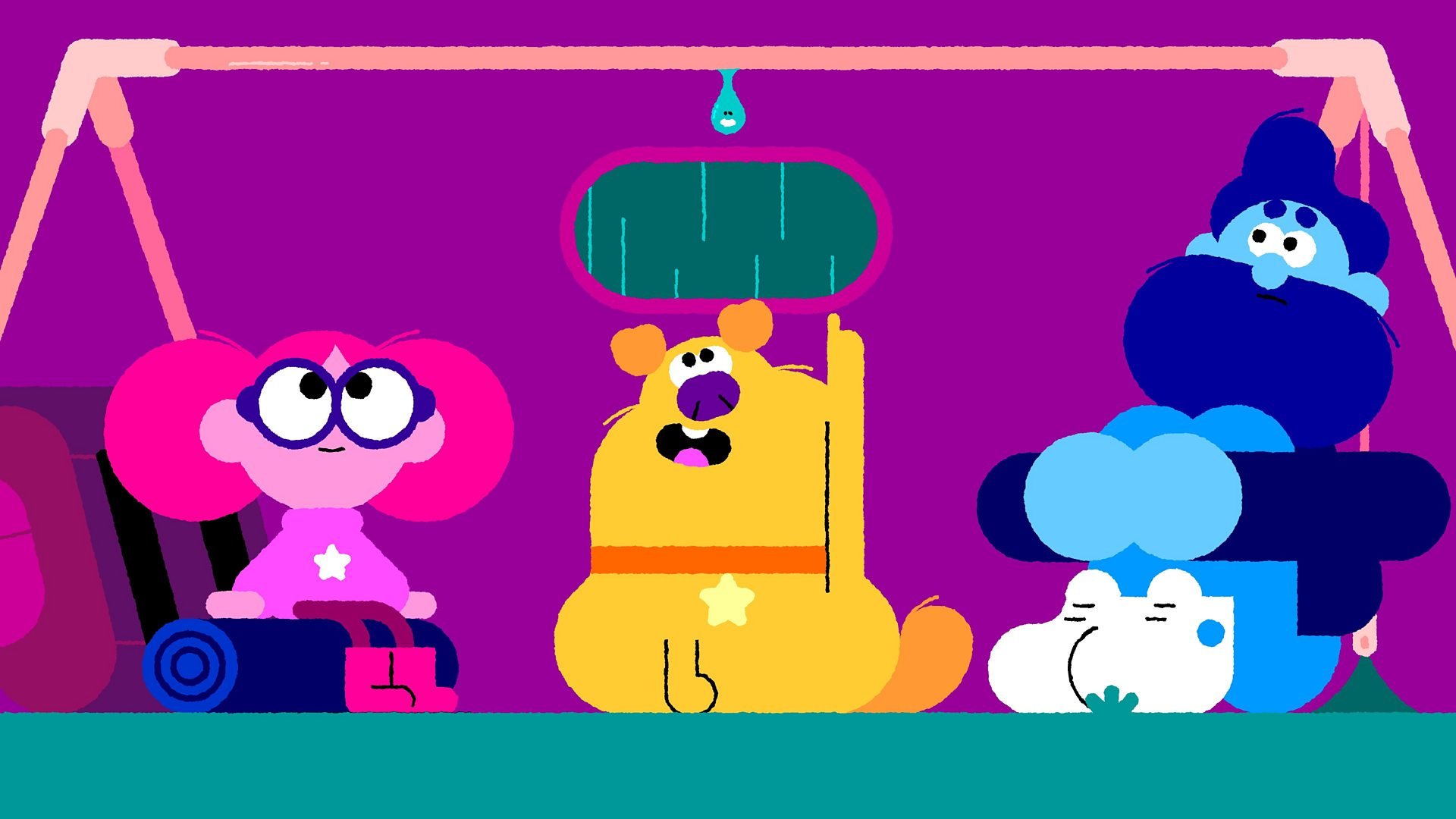 An animation of a young girl, Maddie who wears glasses on the lefthand-side, a yellow labrador in the middle and a adult man with a beard on the righthand-side. All three are sat on the floor inside a tent. It is raining outside the tent.