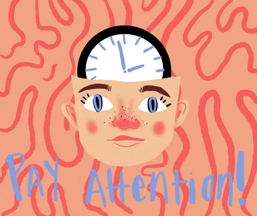 A cartoon of a boy's head, with the top of his head switched for a clock with the text 'Pay Attention' written below