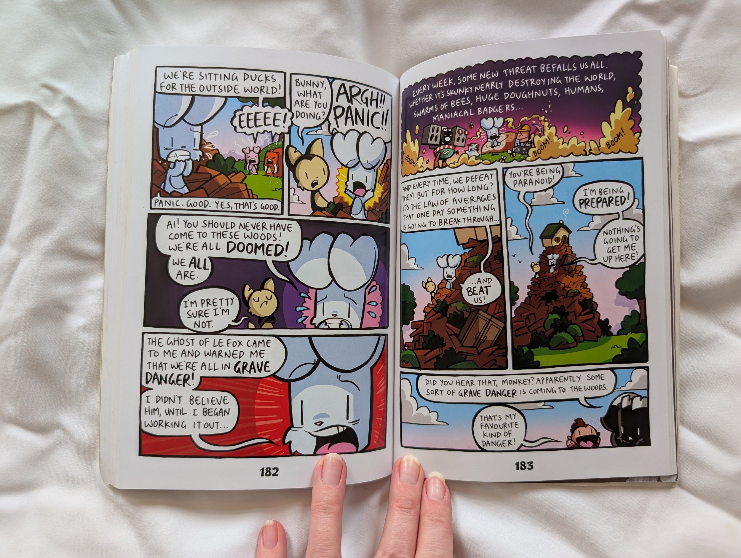 A comic book style spread, with images of Bunny and Skunky in the woods with text in speech bubbles, from the book series Bunny vs Monkey by Jamie Smart