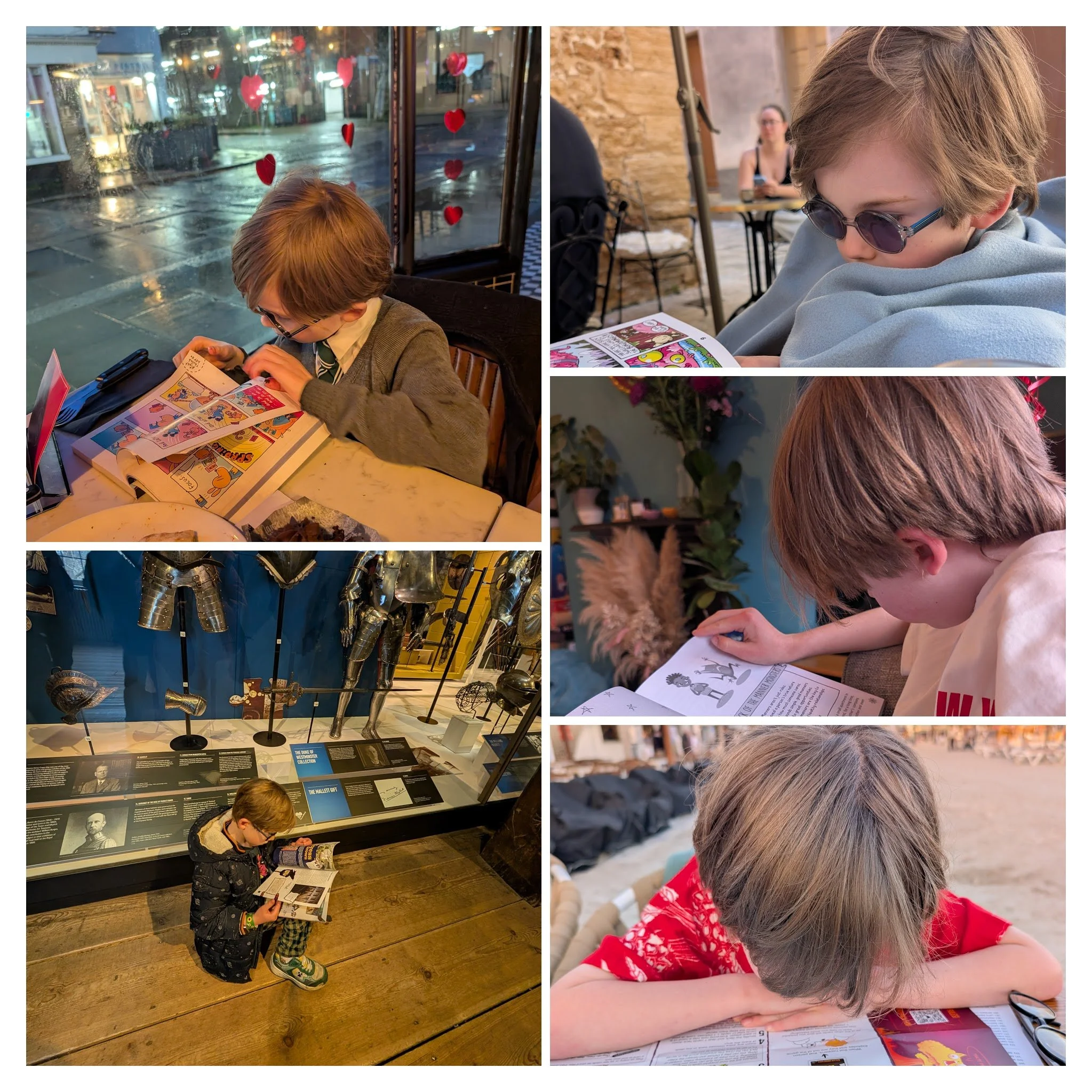 A young boy reading books in different environments