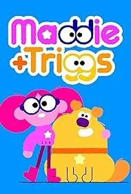 Logo reads Maddie and Triggs. Image is an animation of a girl with pink hair and large glasses with her arm around her Labrador dog