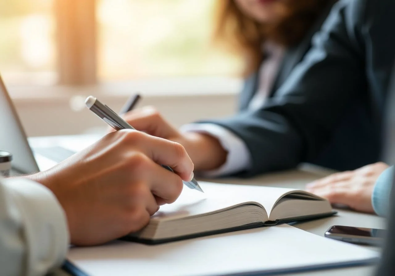 People writing at a table