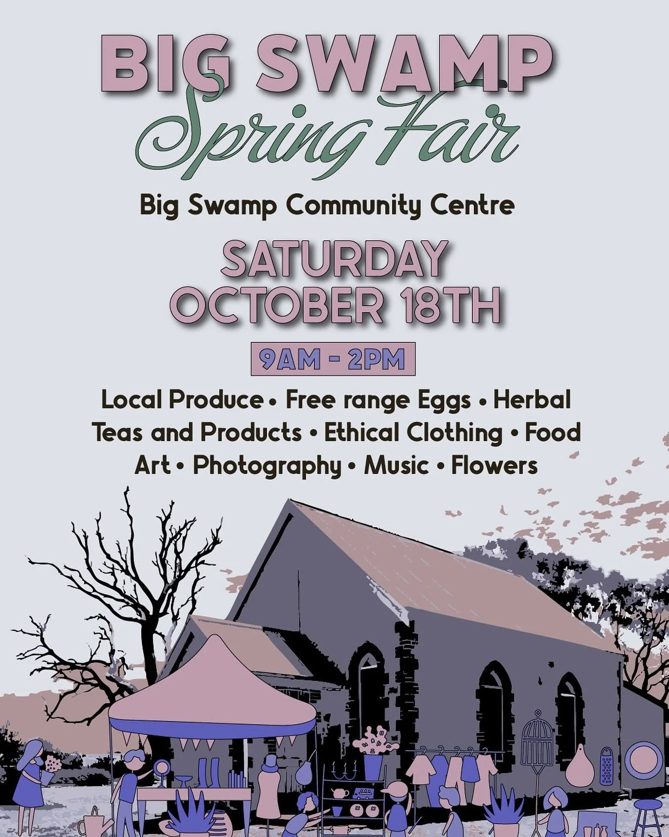 🌸Spring markets at Big Swamp are always a beautiful day out! 

🌻We have a gorgeous collection of local artisans coming together to share their handcrafted wares.

🌸Food, donuts, coffee, ethical clothing, leisure wear, pottery, herbal tea, herbal m