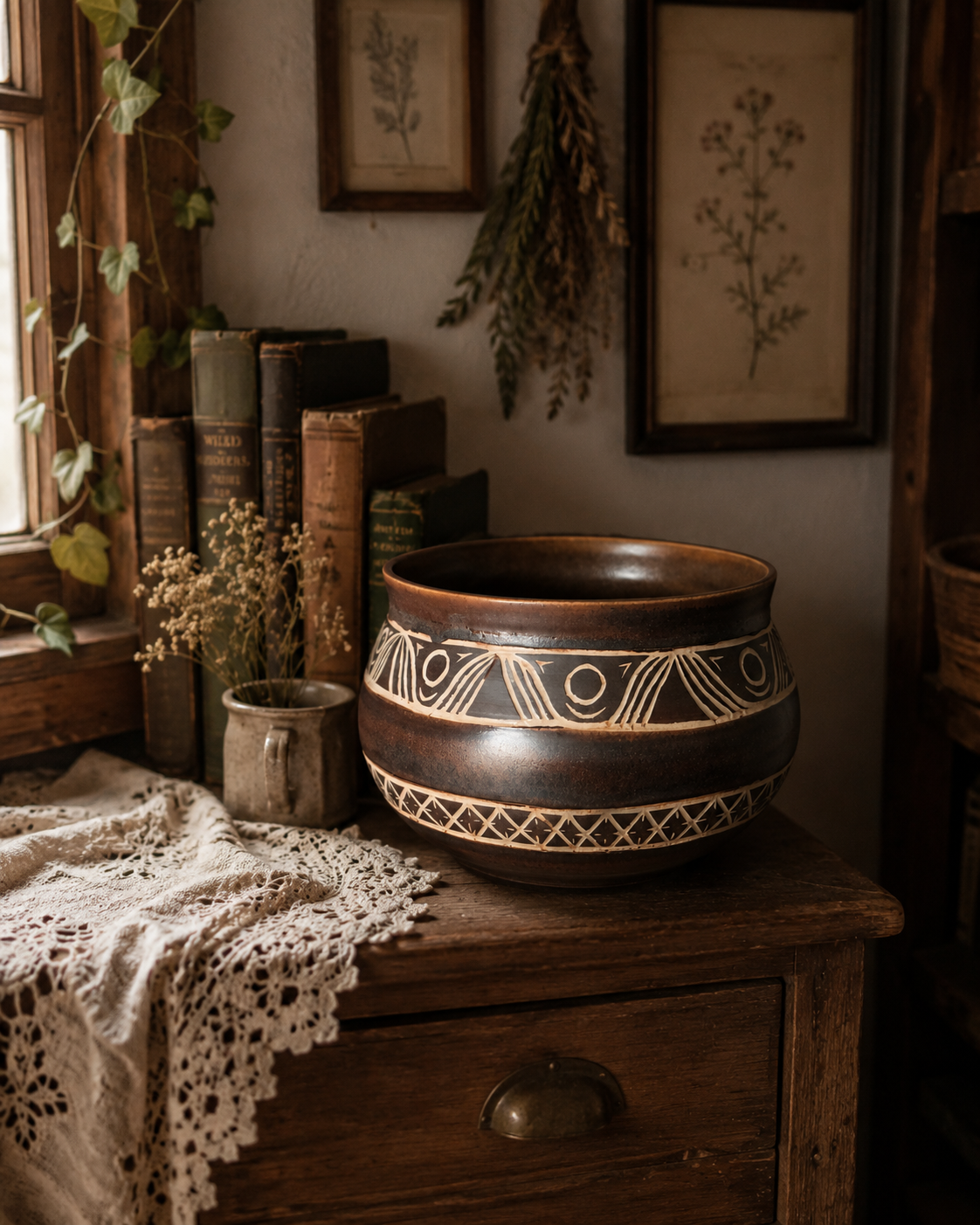 Rustic Geometric Pottery Bowl