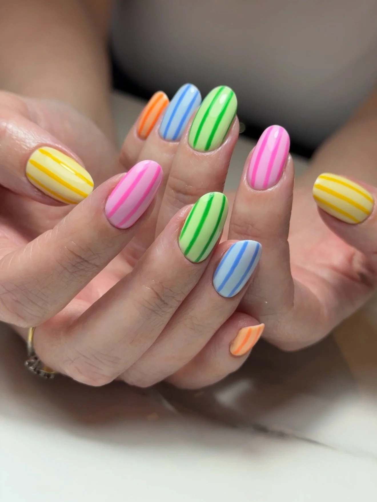 Who wants to steal these summer stripes!? ☀️

I know do as I&rsquo;m stripe obsessed so I may need to incorporate them into my holiday nail set too!

Colours:
Peach Daiquiri &amp; Rave On
Double Denim &amp; Michelle
Caipirinha &amp; Bottega
Carrie&rs