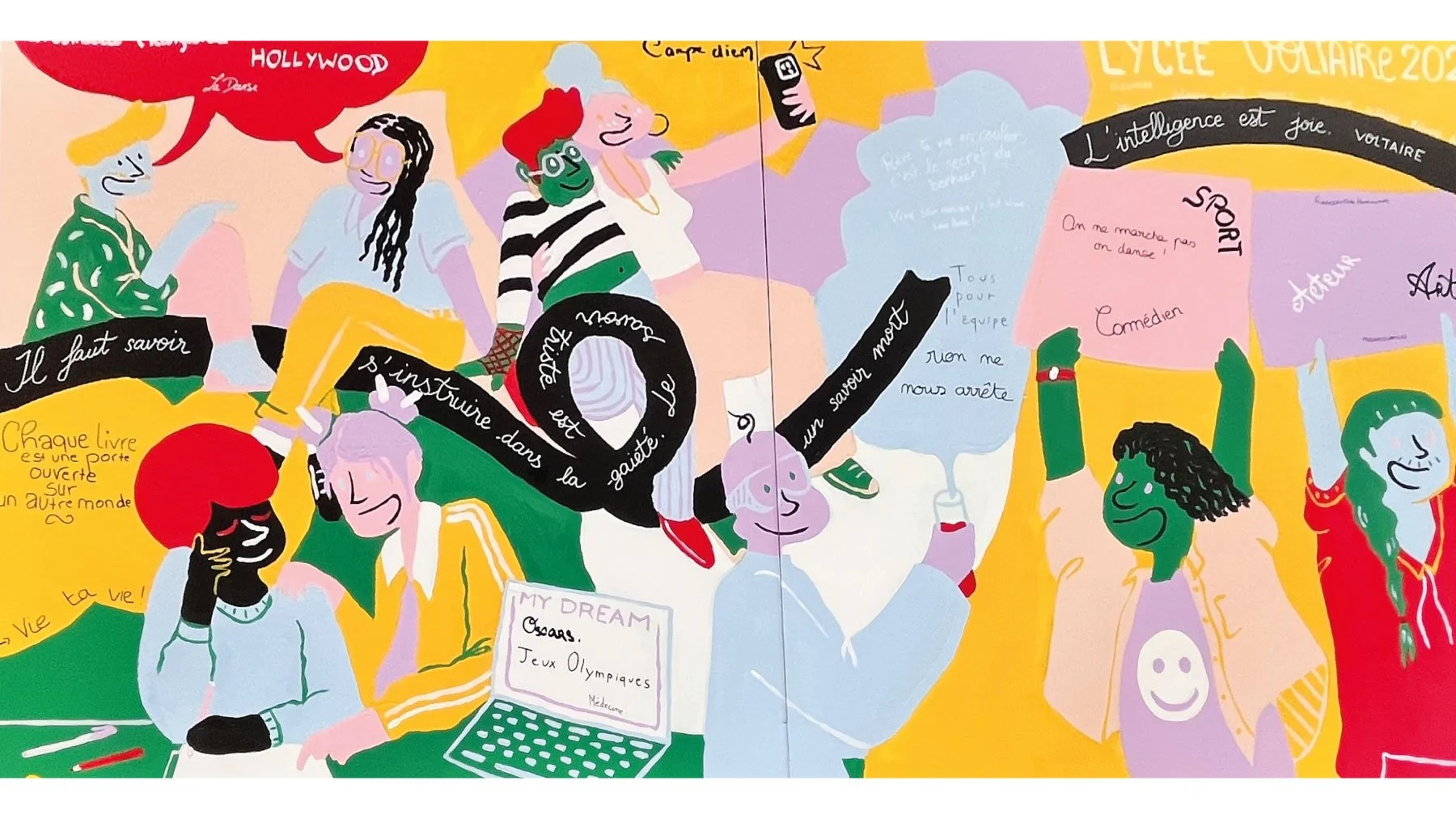 Réalisée avec des lycéens. La fresque est interactive : les élèves sont invité•e•s à y inscrire leurs rêves d'avenir.