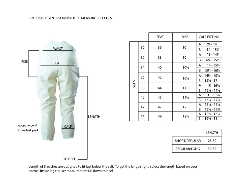 British Breeches — Size Charts
