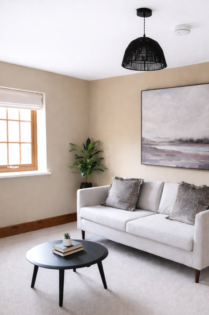 Light and airy master bedroom seating area in a luxury Wales holiday home, featuring a neutral colour palette, soft grey sofa, textured cushions, round black coffee table and large landscape wall art. Designed by a UK interior designer to create a ca