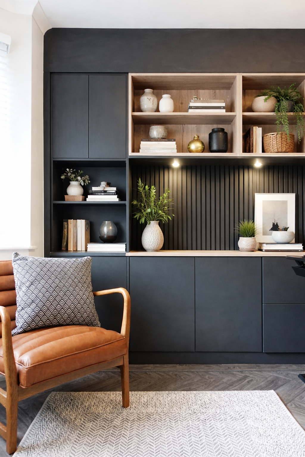 The shelving unit features a mix of warm wood and matte grey cabinetry. The upper open shelves are styled with decorative items such as vases, stacked books, small plants and woven baskets. Two built in spotlights illuminate a black vertical slat bac