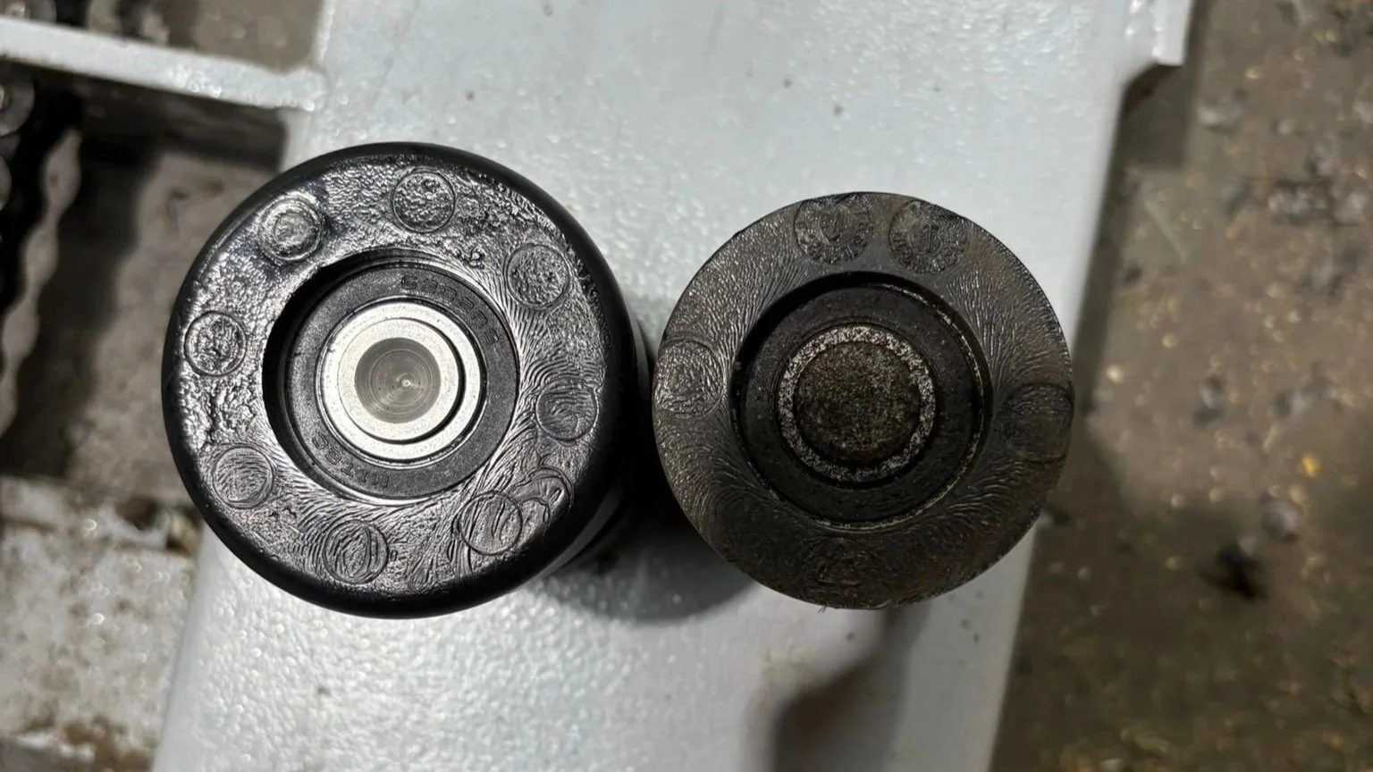 Worn roller bearings on a pallet wrapping machine