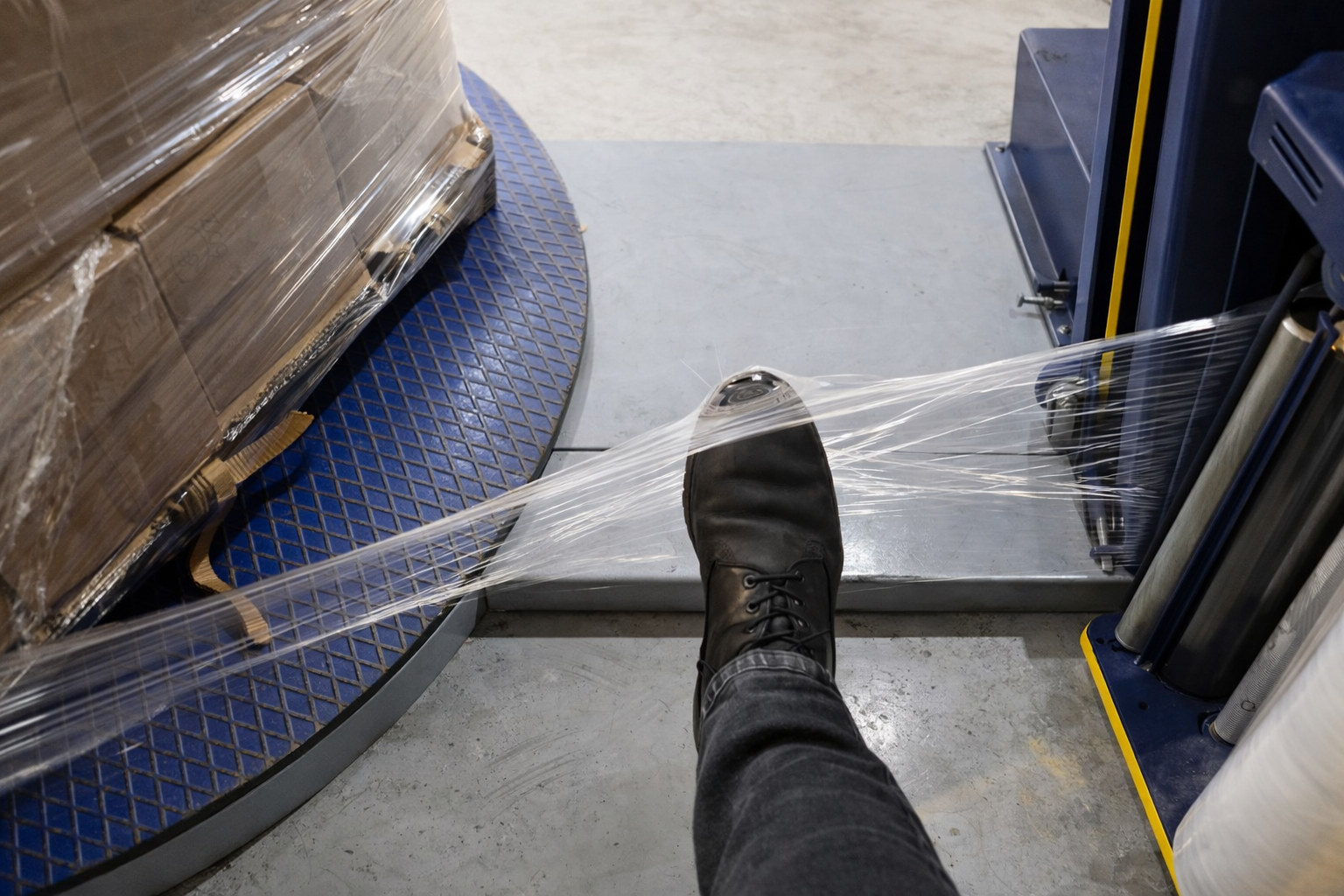 Operator kicking stretch film between pallet and carriage causing pallet wrapping machine film snapping