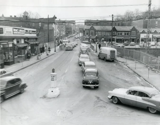 Pic-78 (Main St. looking east toward Depot Sq. from Lake Ave.- 2 lane bridge ~1950's)