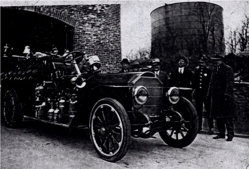 Pic-73 (Eastchester Waverly Square Firehouse and Hose Truck. 1M gallon water tank in background)