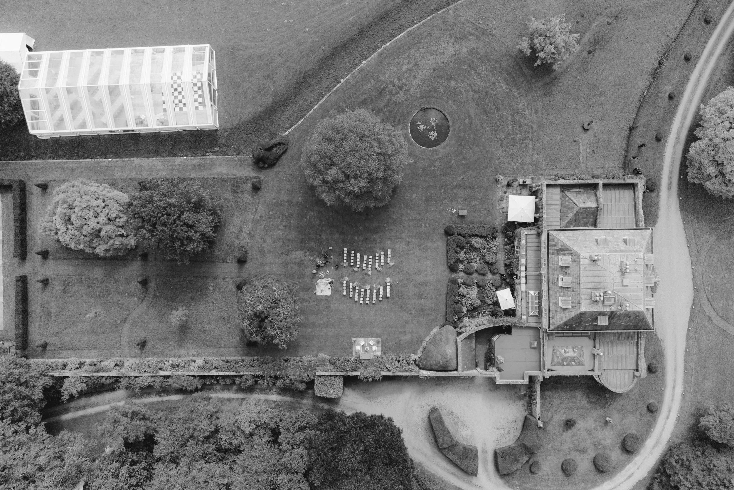 aerial shot of outdoor wedding