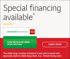 A Wells Fargo outdoor solutions credit card with a red 'Learn more' button and a message about special financing.