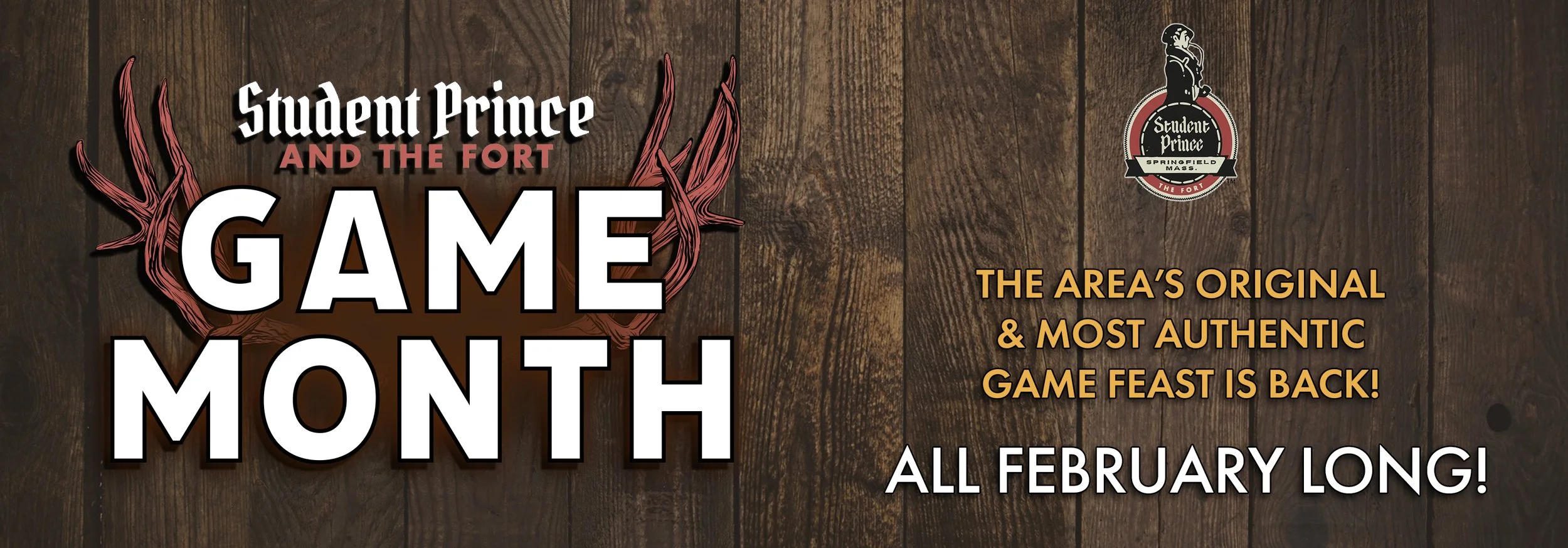 Promotional banner for Game Month at a restaurant, featuring a wooden background with a logo and text about a February event celebrating a game feast.