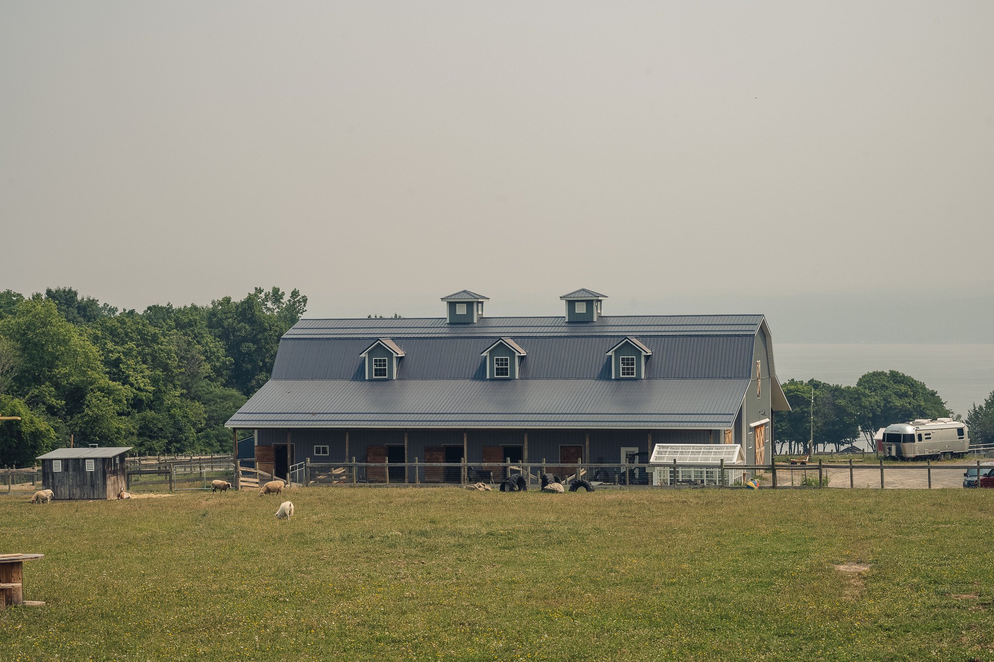 A farm scene with a large gray barn, grazing sheep in the foreground, a small shed, trees, and a camper trailer in the background, under a very smoky sky.