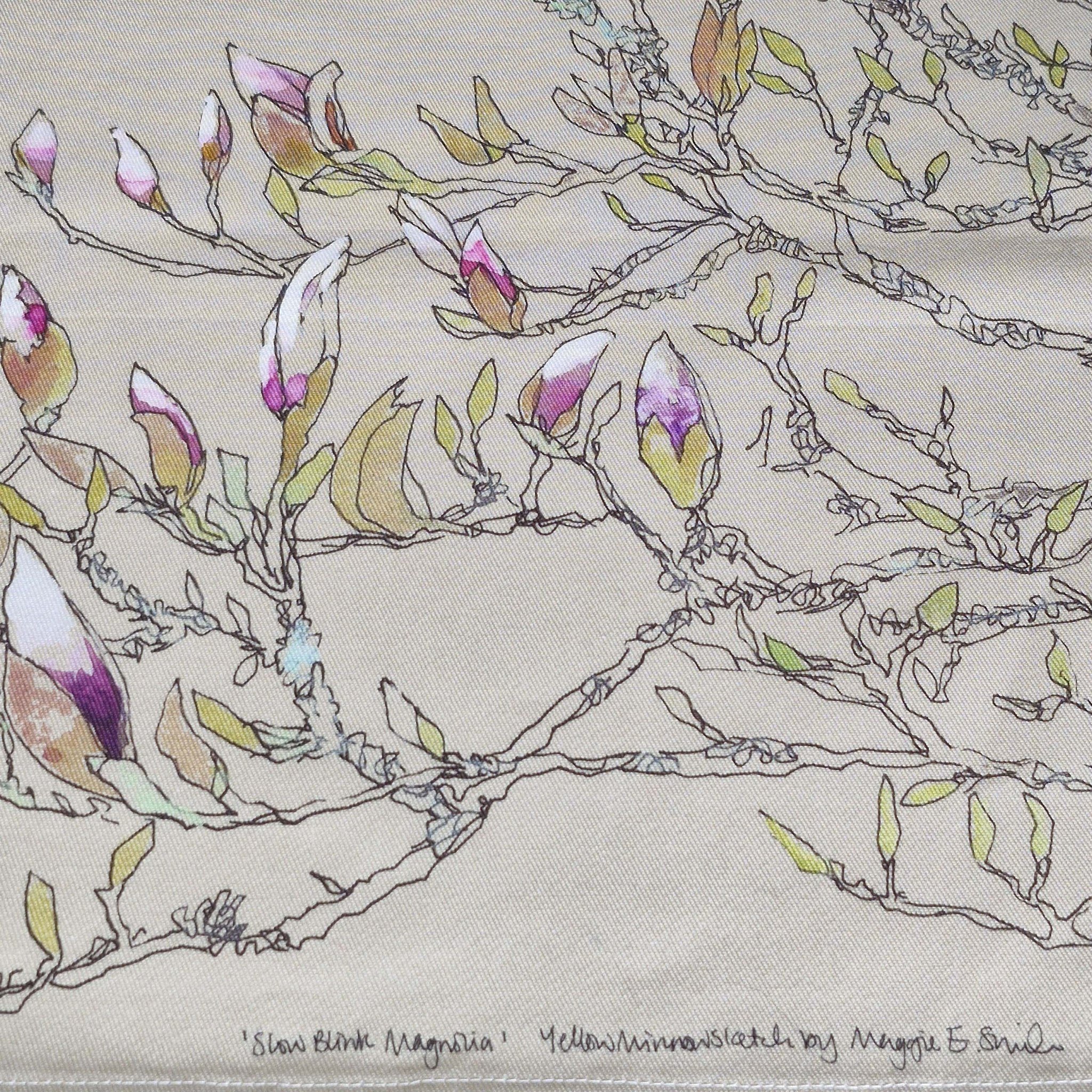 Magnolia Memory:
Artist and product feature

Maggie Smith&rsquo;s beautifully vibrant drawing of the magnolia tree in her garden, available printed on a soft twill fabric. The 'Slow Blink' Magnolia table runner is developed from the original triptych