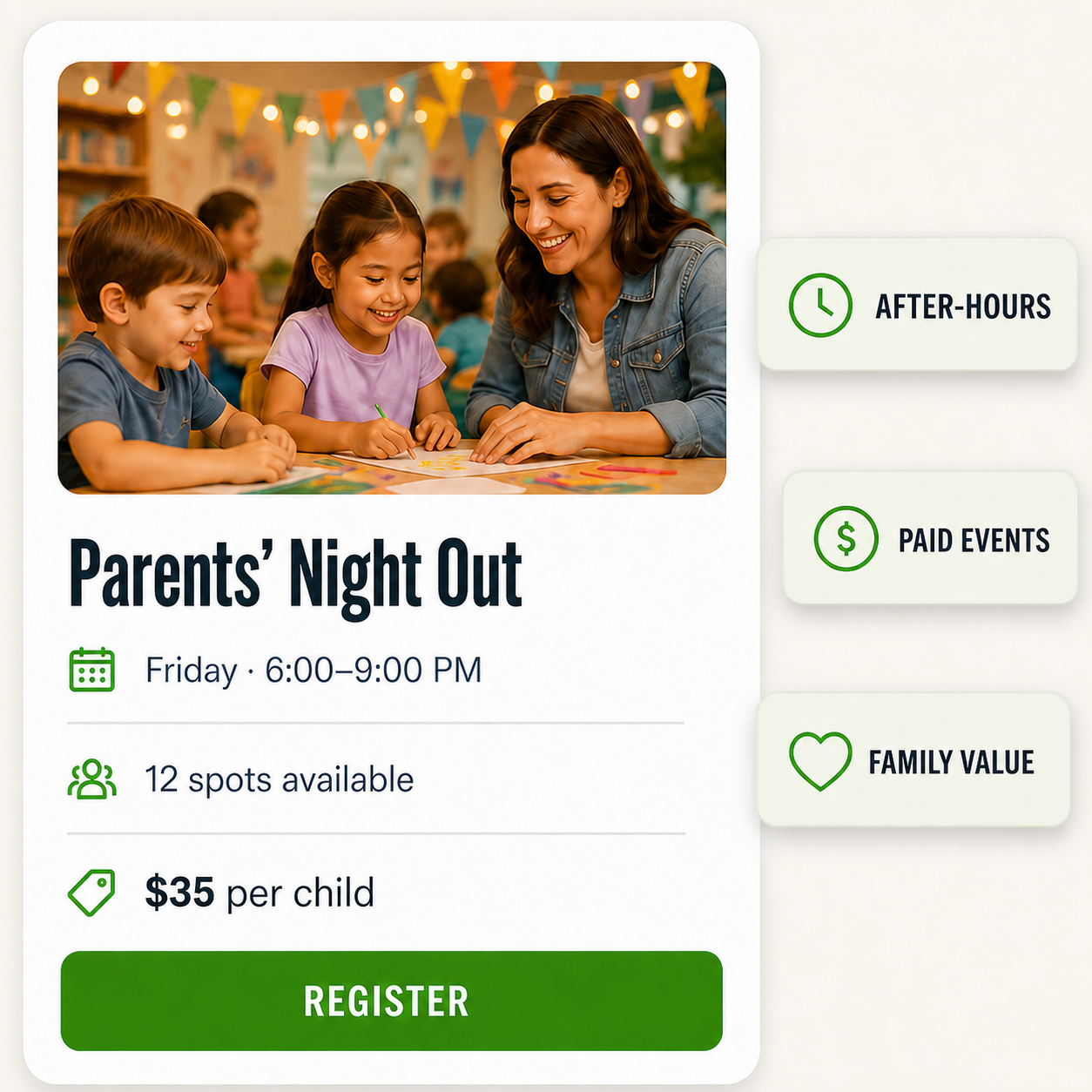 Parents’ Night Out event registration example showing after-hours childcare, available spots and price.