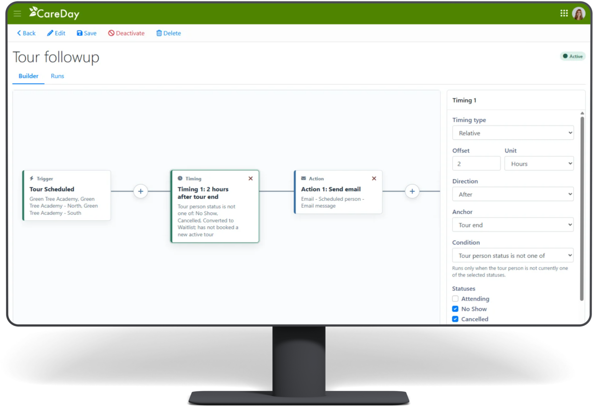 CareDay automated prospect nurturing workflow for childcare tour requests and enrollment follow-up.