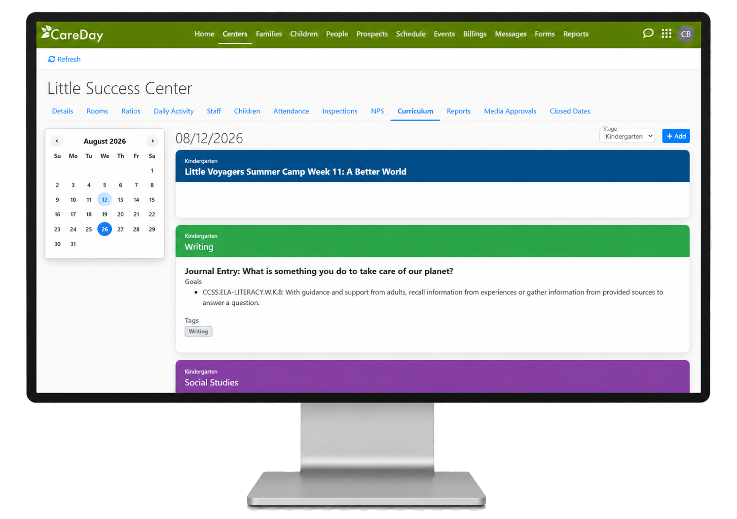 CareDay curriculum planner showing classroom activities and developmental goals on a desktop monitor