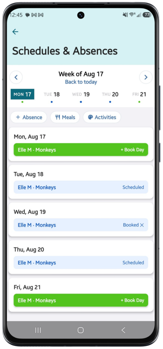 CareDay parent app showing available days a family can book.