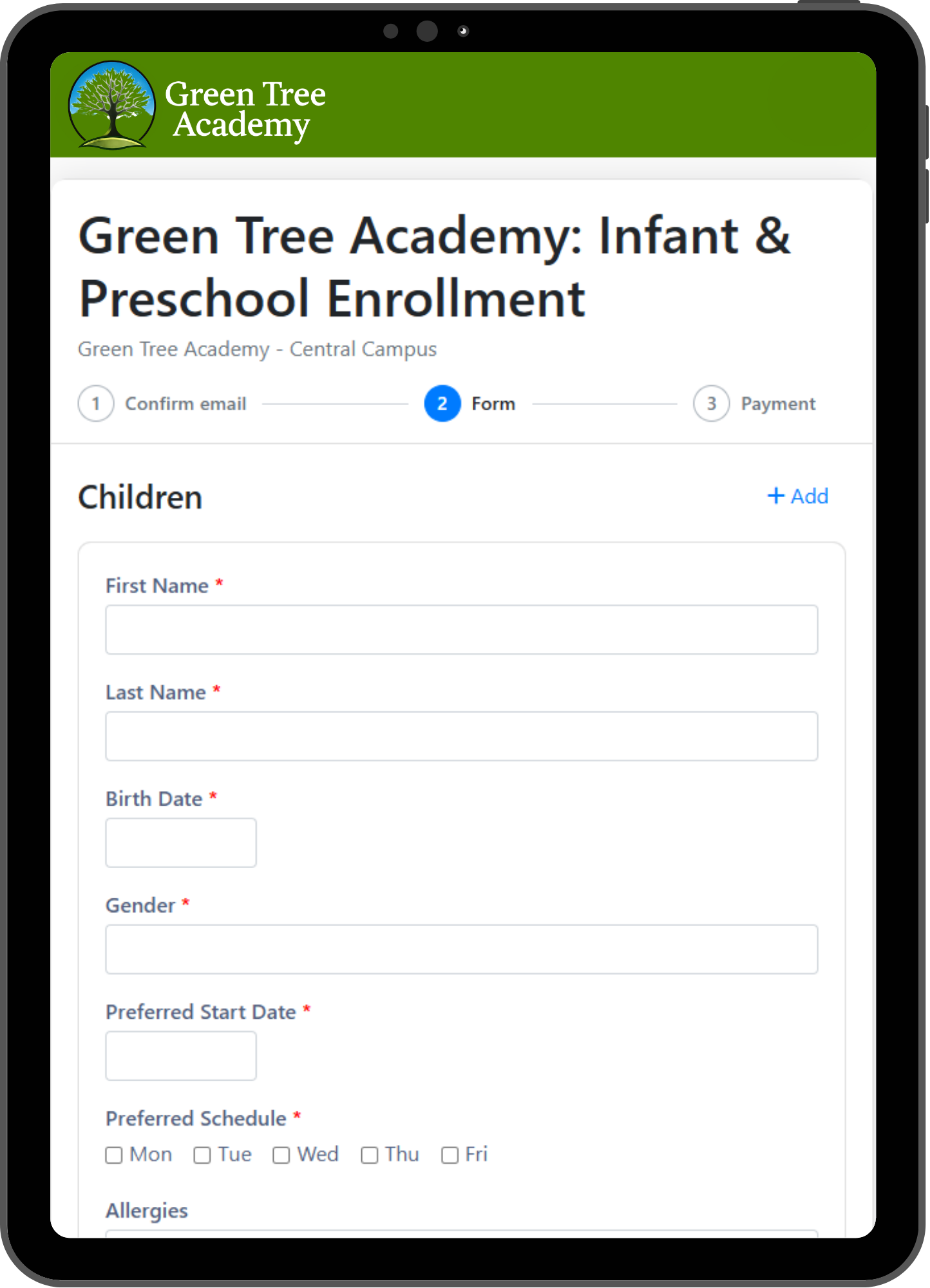 Branded Green Tree Academy enrollment form displayed on a tablet