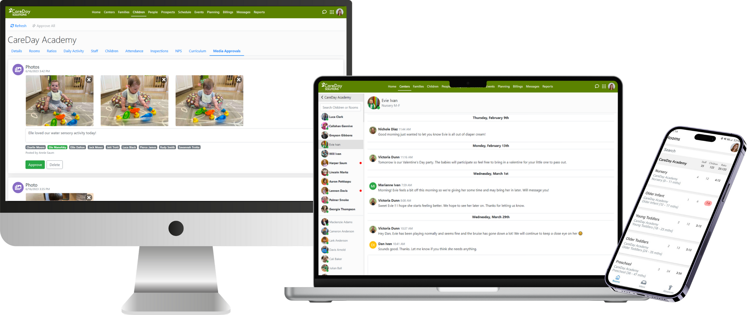 CareDay classroom management software displayed across desktop, laptop, and mobile devices
