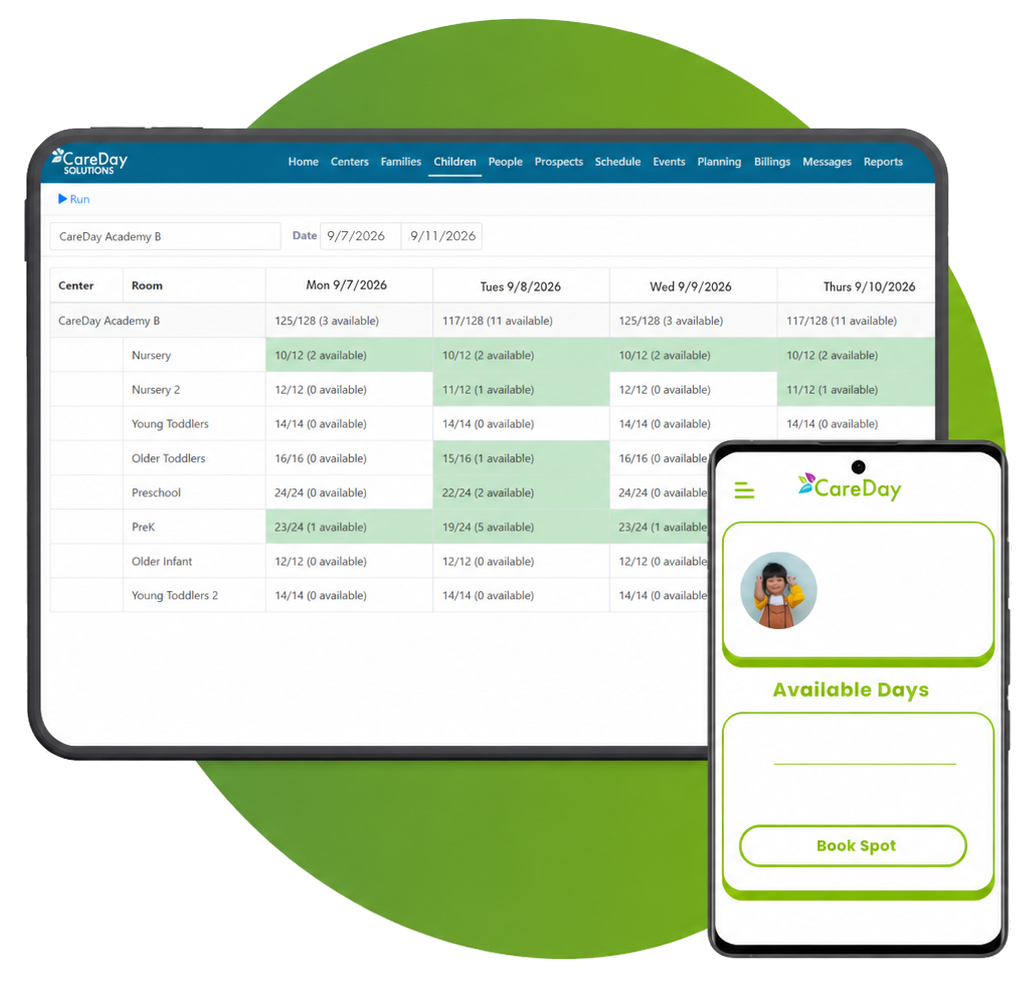 CareDay available-days report and parent booking screen for unused childcare capacity