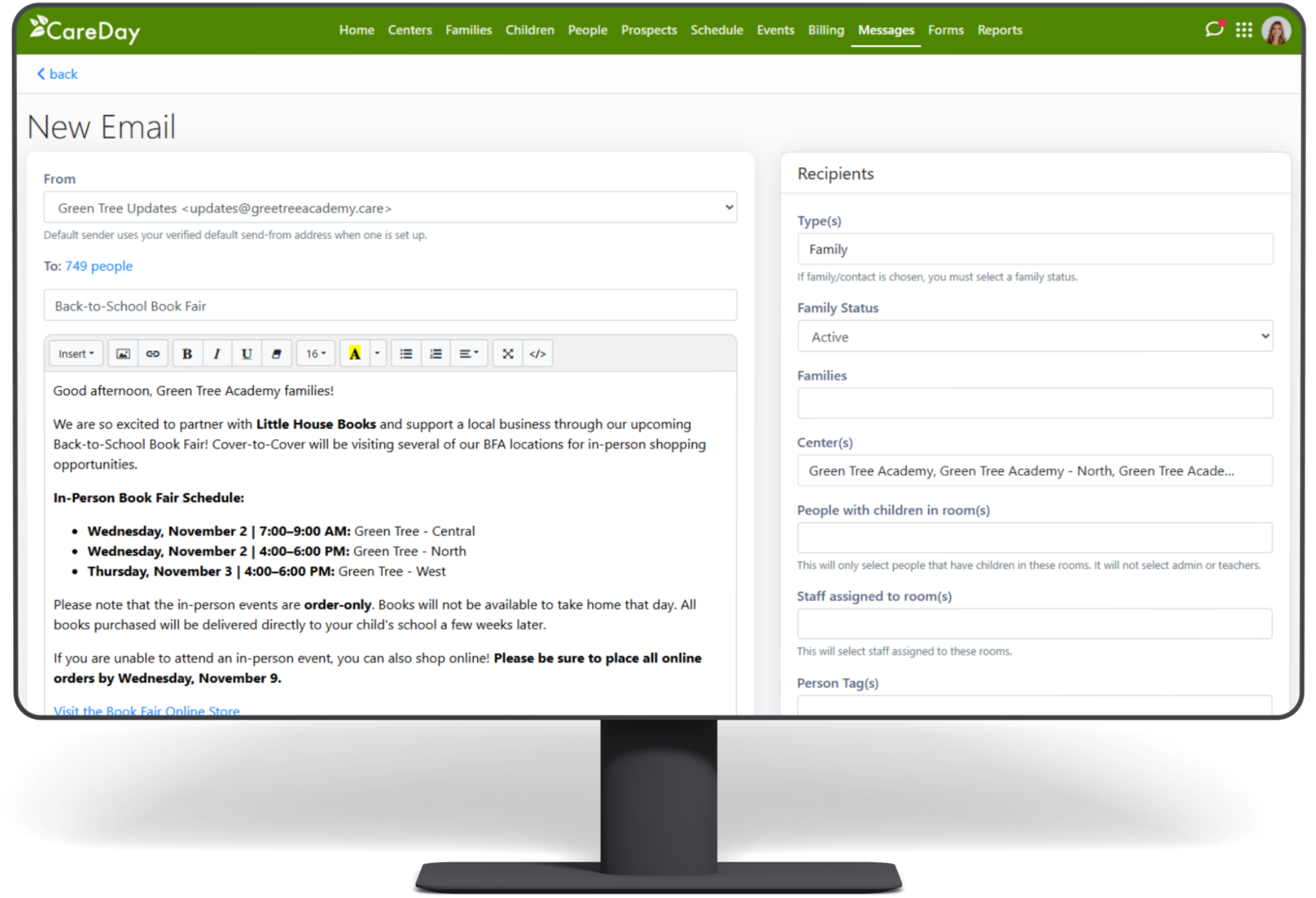 CareDay email composer with recipient targeting and a childcare company’s branded sender address.