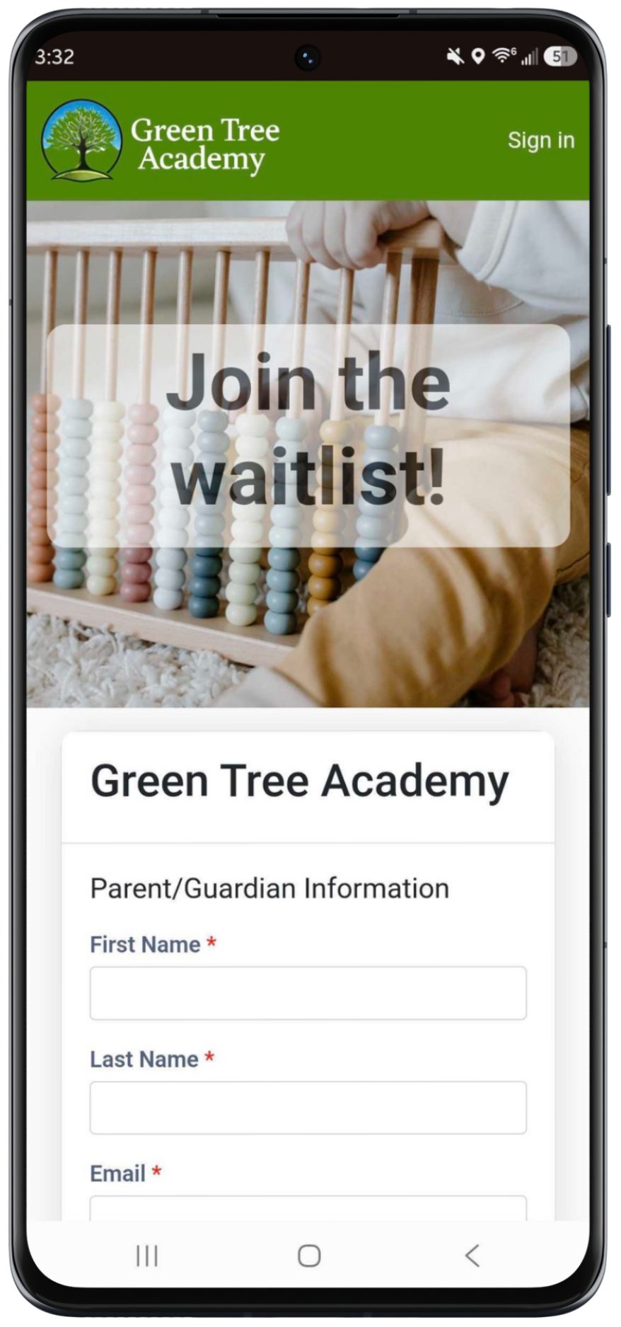 Branded Green Tree Academy waitlist form displayed on a smartphone