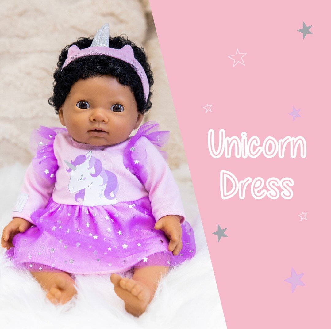 Your Tiny Treasures will be the belle of the ball in this super cute Unicorn Party Dress. 
The Unicorn Party Dress comes beautifully packaged in an organza drawstring bag and includes a heart shaped swing ticket with images and information on the ful