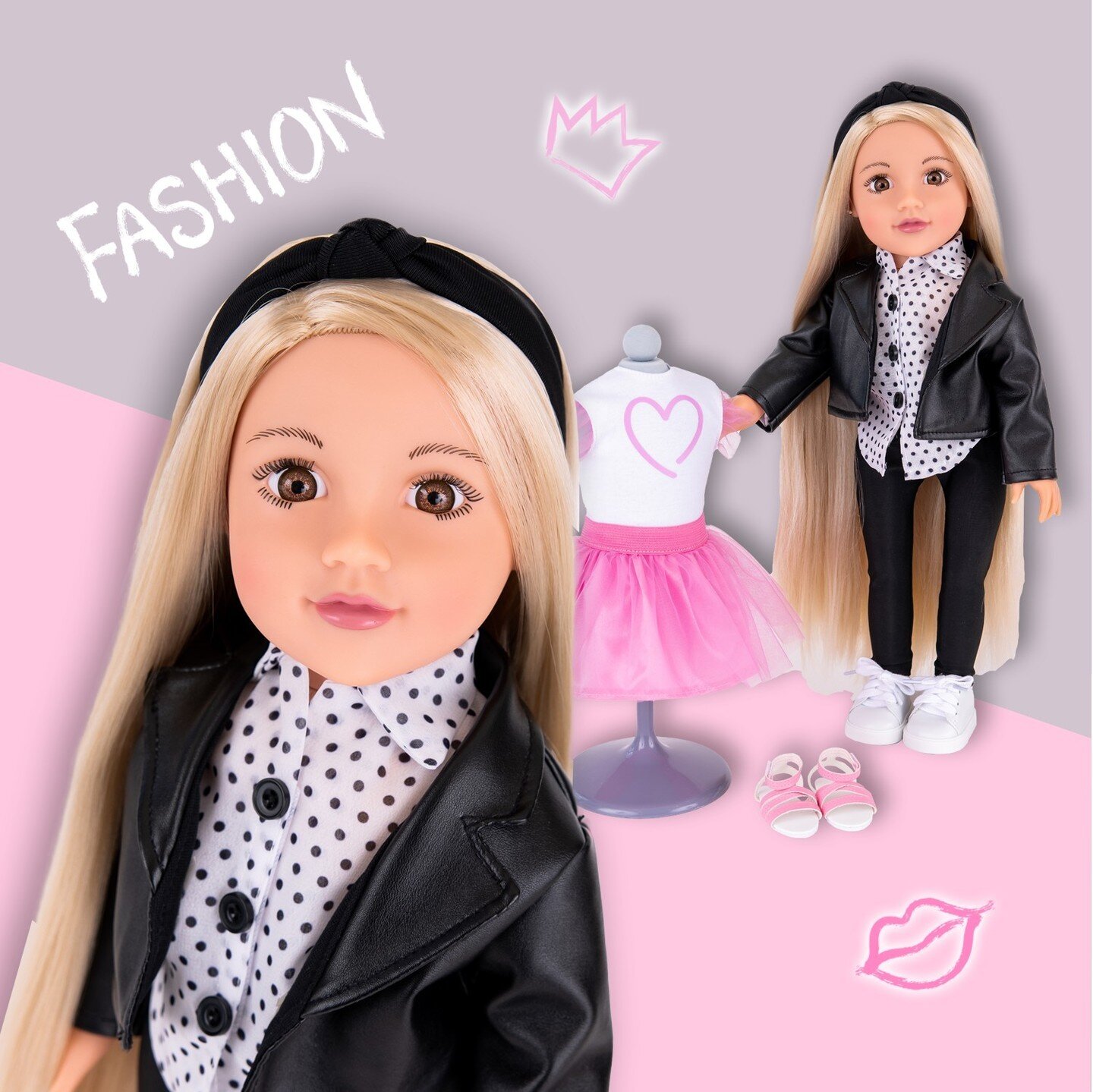 Encouraging creativity, Connie also comes with an extra outfit for you to customise which includes a white tee with pink heart &amp; frill sleeves, a pink tulle tutu skirt and pink strappy sandals. The playset also comes with a grey fabric mannequin,