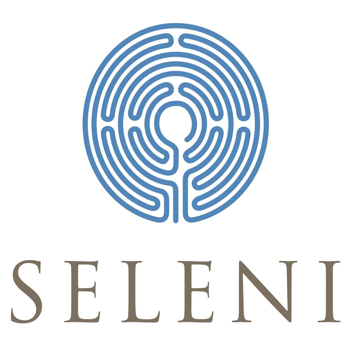 A circular maze logo in blue with the word "SELENI" underneath in gray letters.