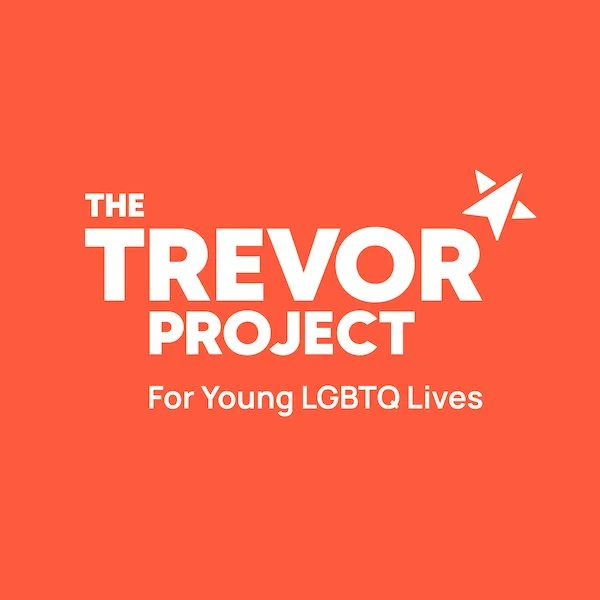 The Trevor Project logo with a paper airplane icon on an orange background, emphasizing support for young LGBTQ lives.