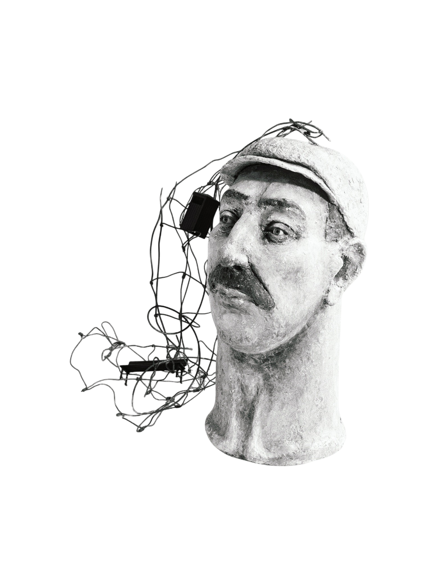 A sculpture of a person's head made of stone, with some digital or electronic components attached to it, including wires and small devices, creating a blend of classical art and modern technology.