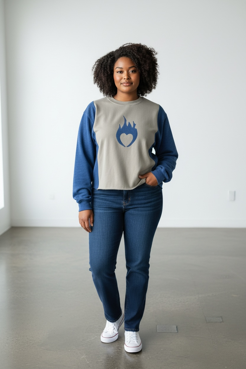 pdm upcycled flame heart sweatshirt khaki/blue