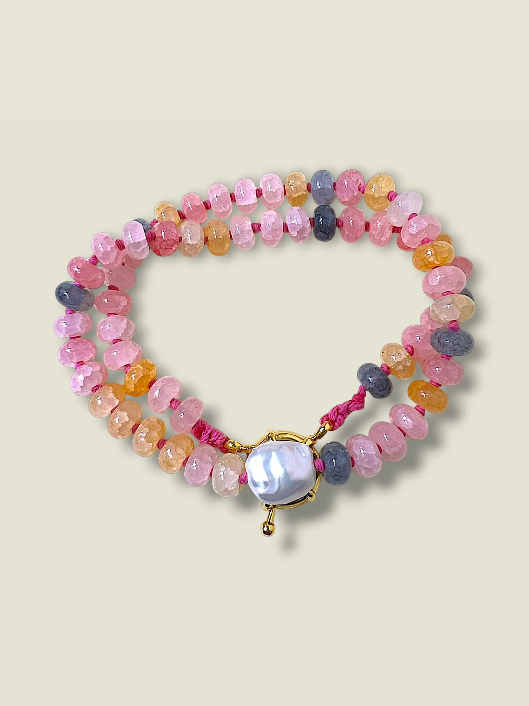 pdm rose pastel disc glass bead and pearl knotted necklace