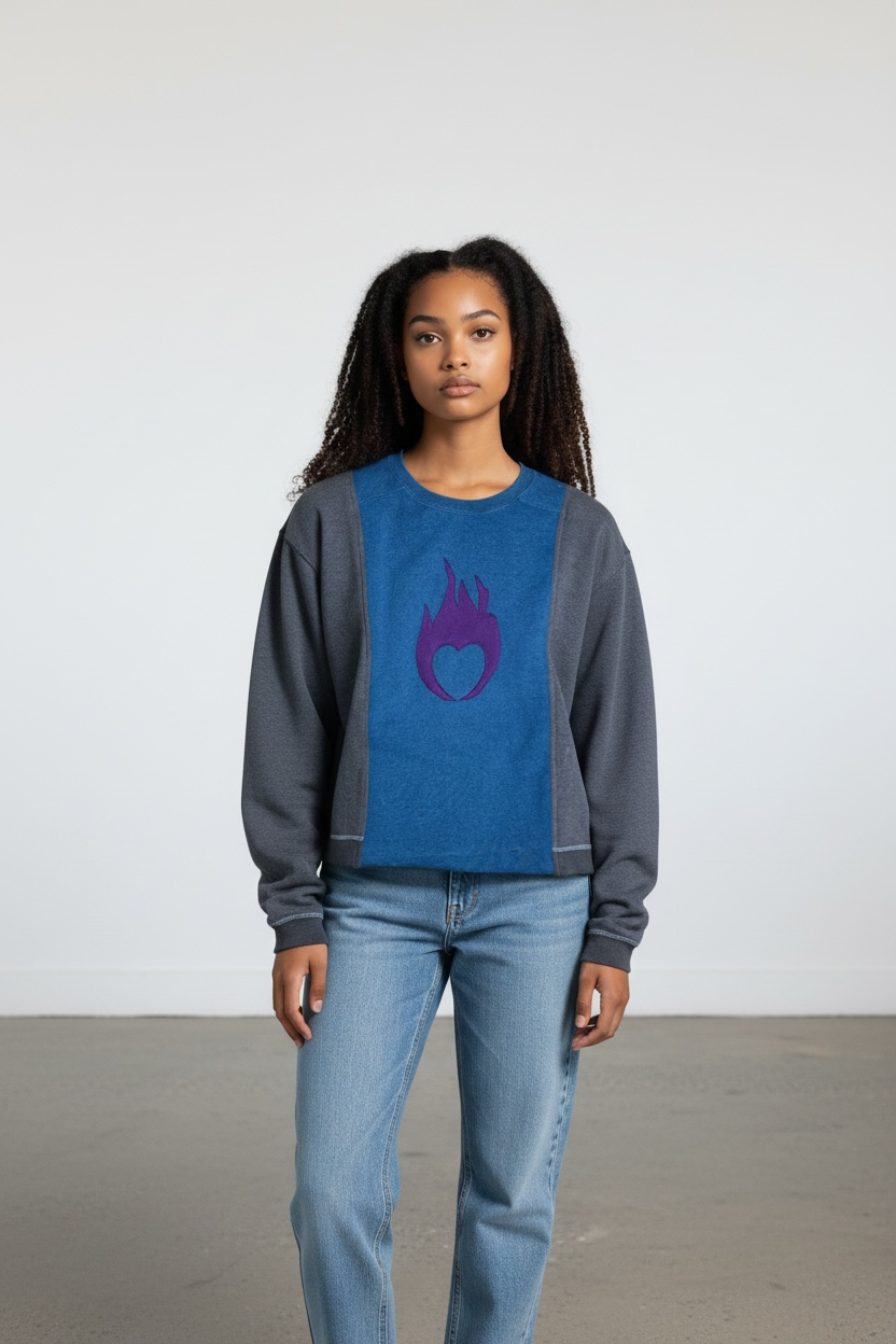 pdm upcycled flame heart sweatshirt grey/blue/purple