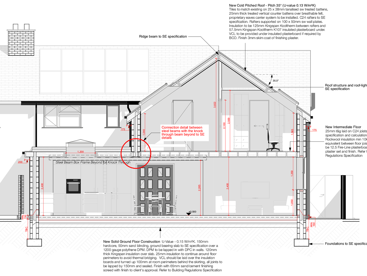 Proposed section of a house extension in Penarth