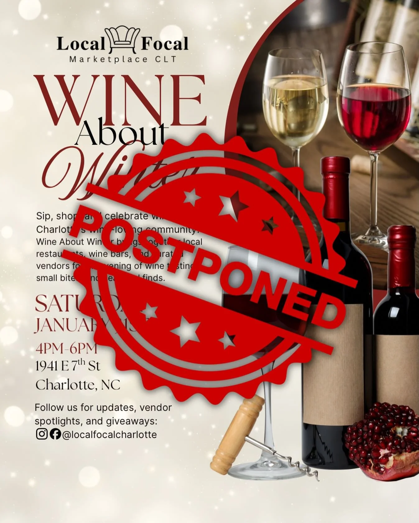 ‼️PSA‼️ Wine about Winter is being rescheduled to February 28th due to incoming inclement weather! We&rsquo;re excited to introduce even more wines and vendors to this event! Have questions please reach out! 

&mdash;&mdash;&mdash;&mdash;&mdash;&mdas