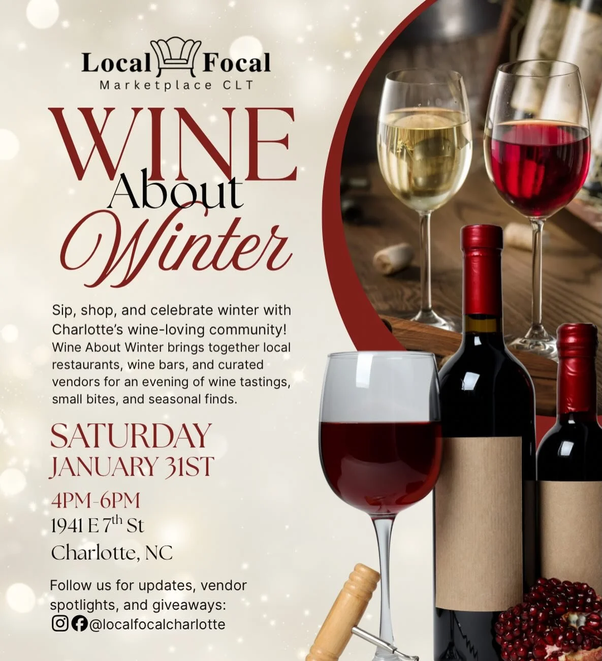 Have you been looking to sample wines from restaurants all over the Charlotte &amp; Elizabeth area?!? Well, this is your opportunity! Don't miss this evening to sample wines from local restaurants, win prizes, meet pop up vendors, sip, shop and so mu