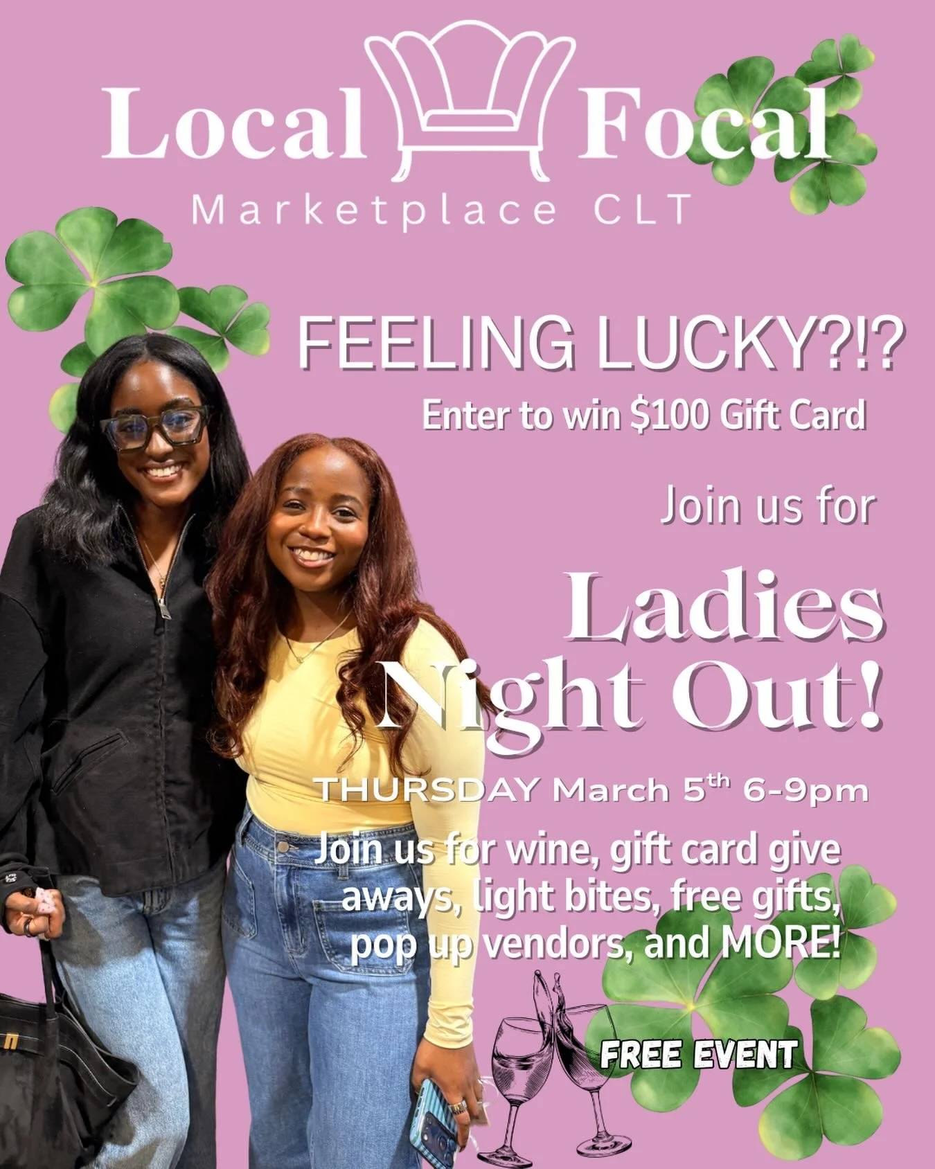 Are you feeling lucky this month?!?🍀 Join us at Ladies Night, March 5th and enter to win a $100 store gift card giveaway! 

As always join us for complementary wine, light bites, prizes, and local pop-ups! 

🍀💚Tag a friend below to redeem your fre